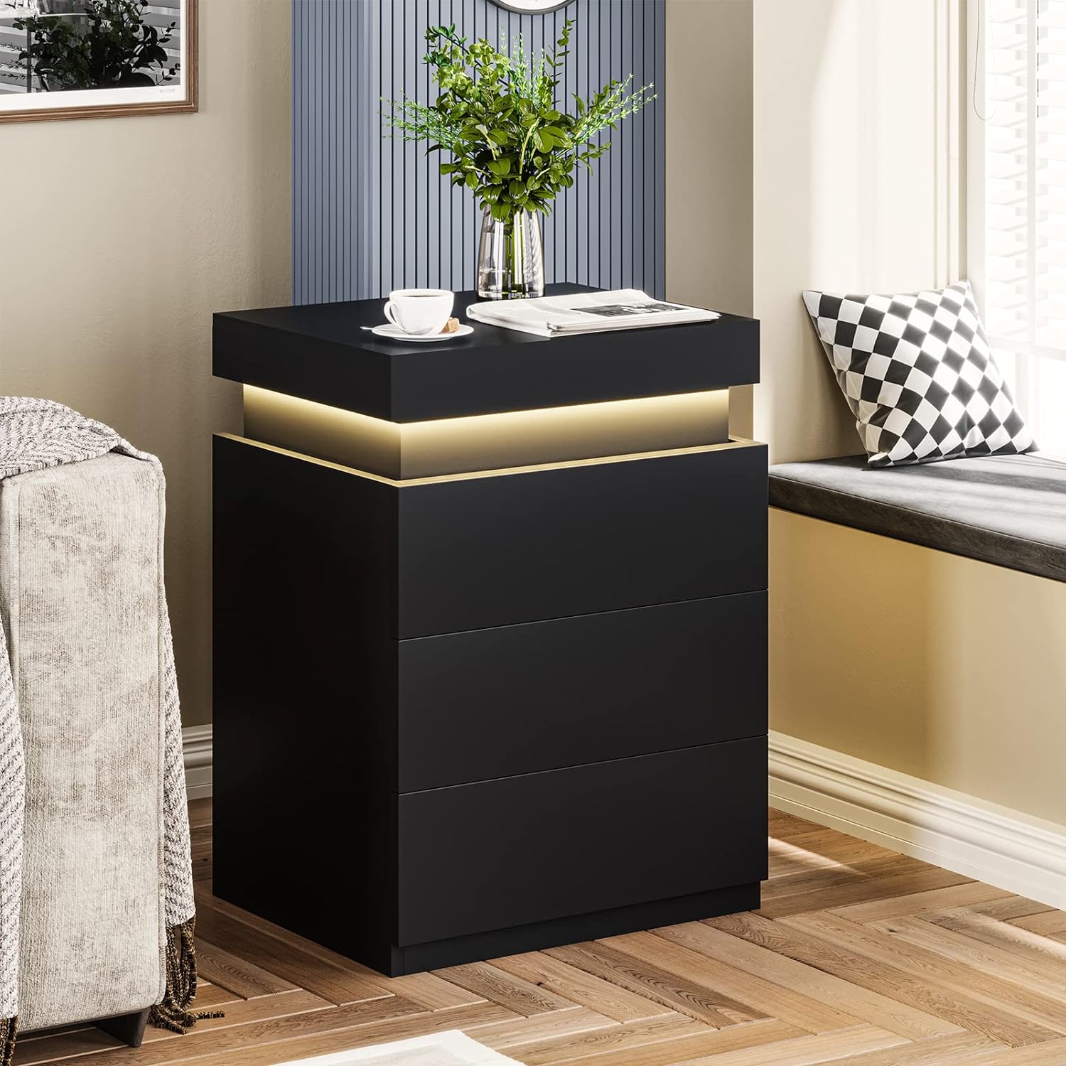 LED Black Nightstand Modern Multi-Colour LED Night Table Bedside Tables for Bedroom, Living Room