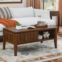 Medieval modern flute coffee table with storage sliding door and solid wood legs, vintage farmhouse wood central table