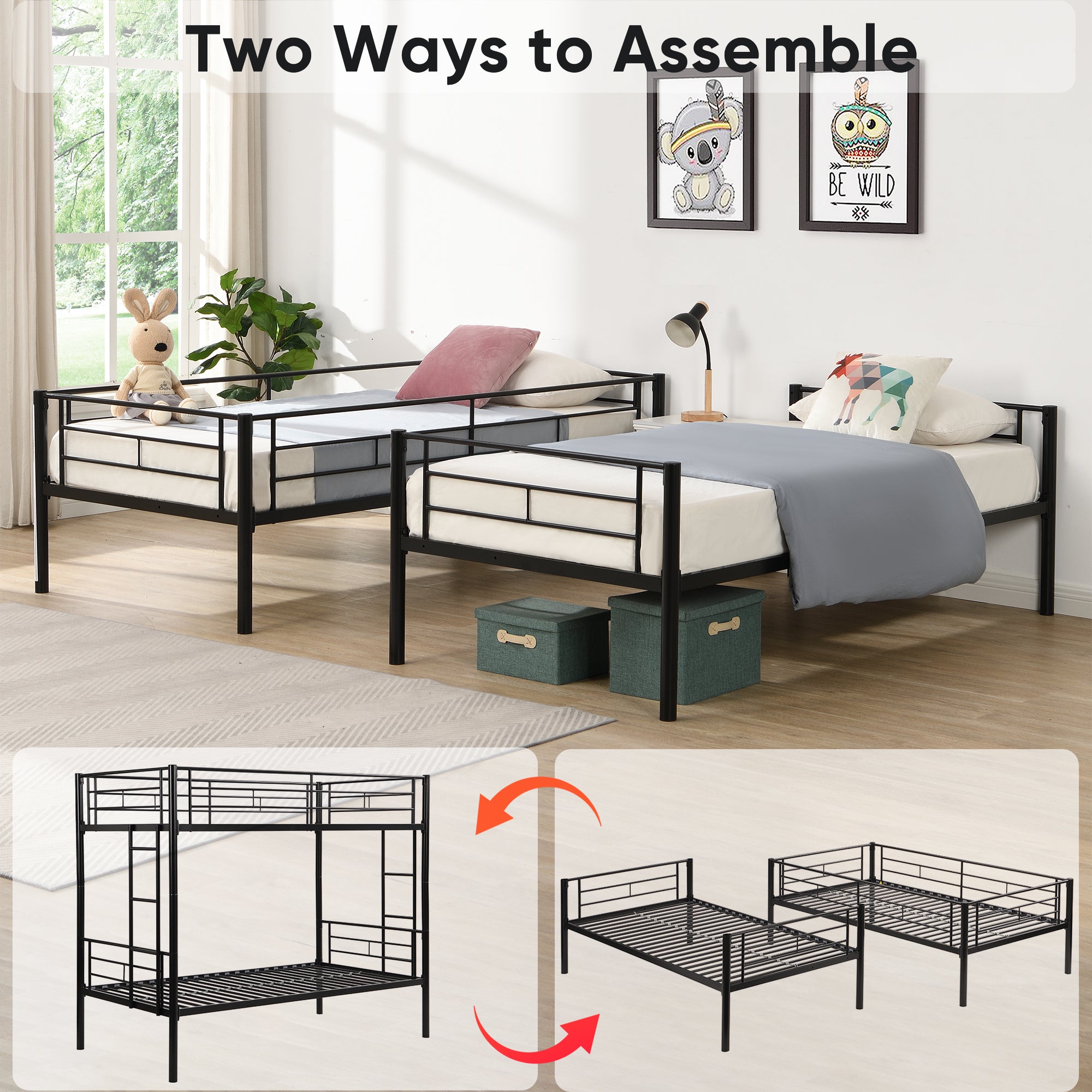 Double decker bed, size above twin bed, with 2 ladders and full-length guardrail, metal, storage space, black