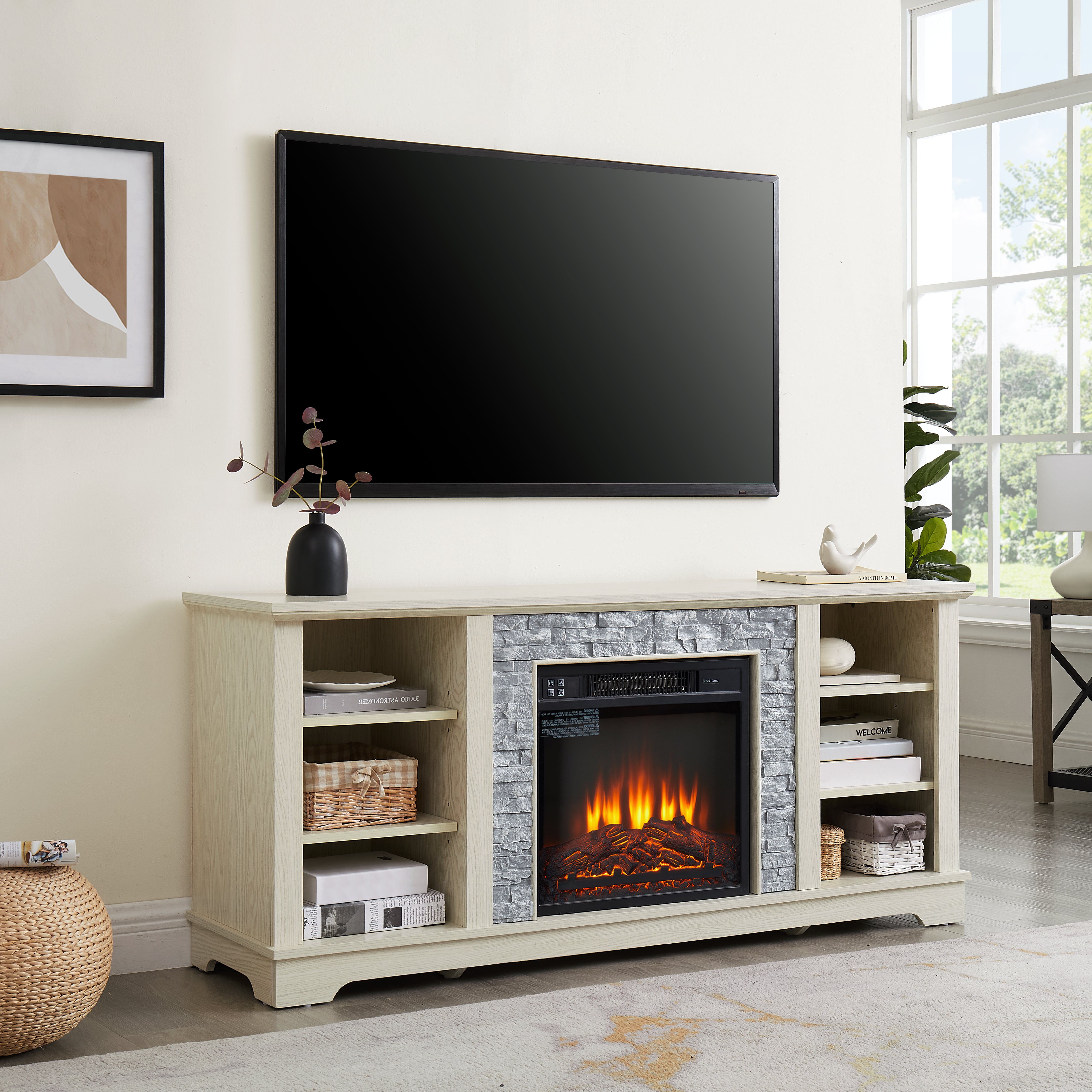 Mantel electric fireplace stone TV media stand, open storage console space, with 18 inch fireplace insert, white