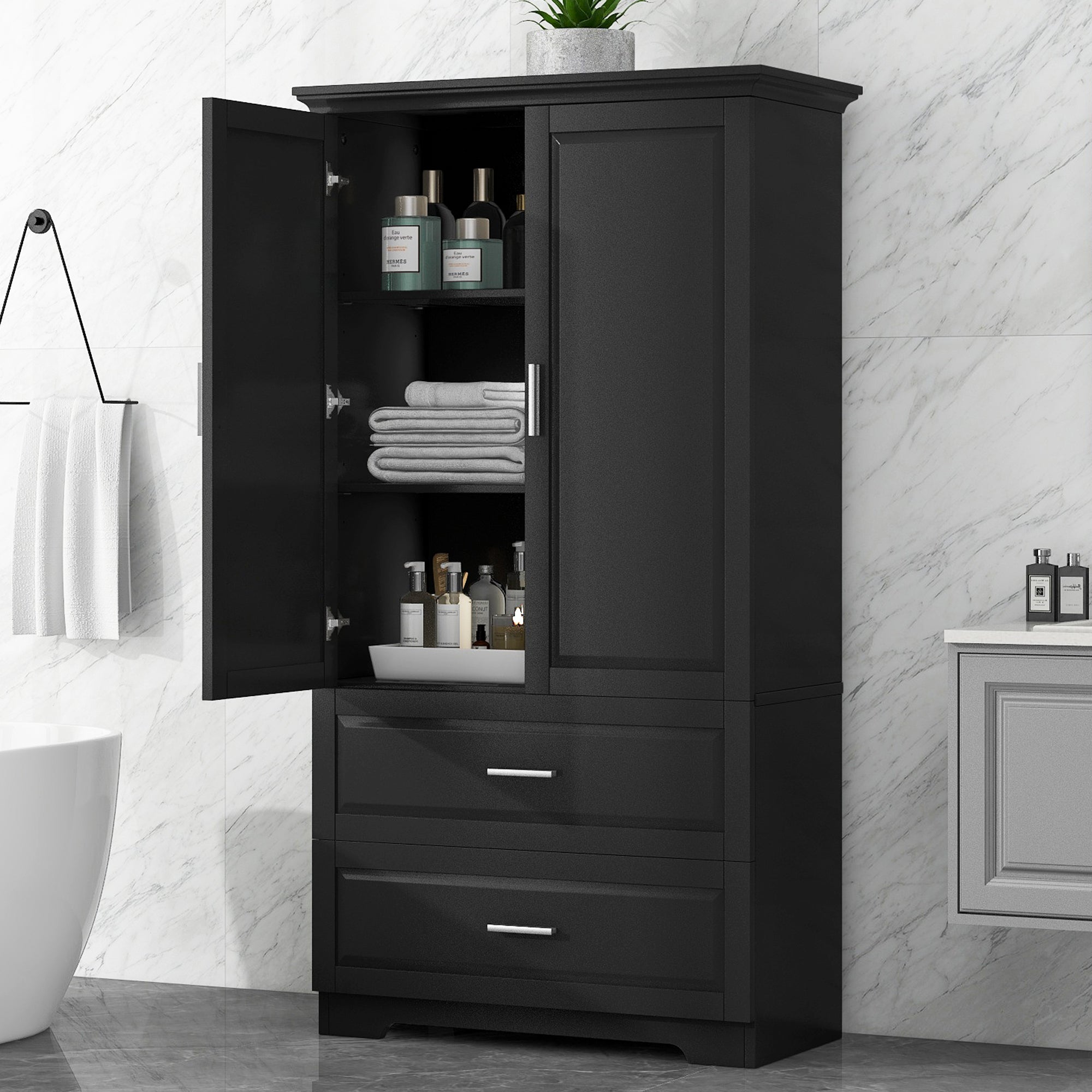 Tall Bathroom Storage Cabinet, Cabinet with Two Doors and Drawers, Adjustable Shelf, MDF Board, Black