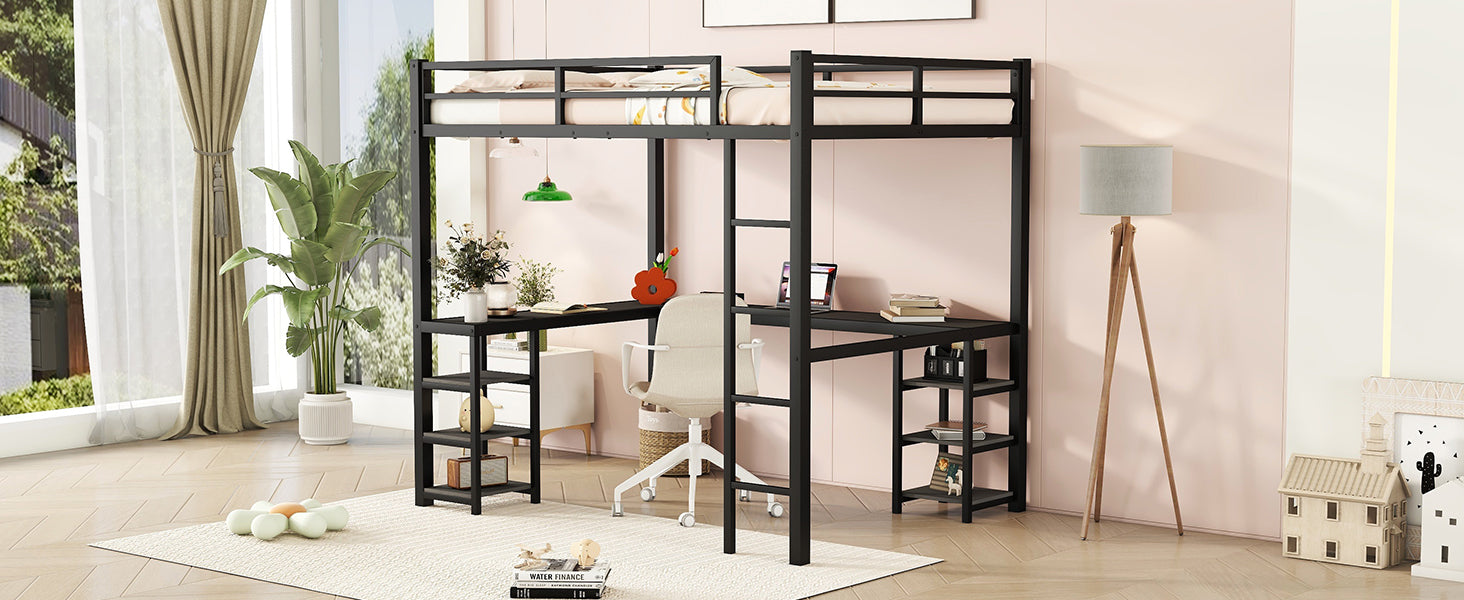 All metal loft bed with desk and shelf, loft bed with ladder and guardrail, black with black desk