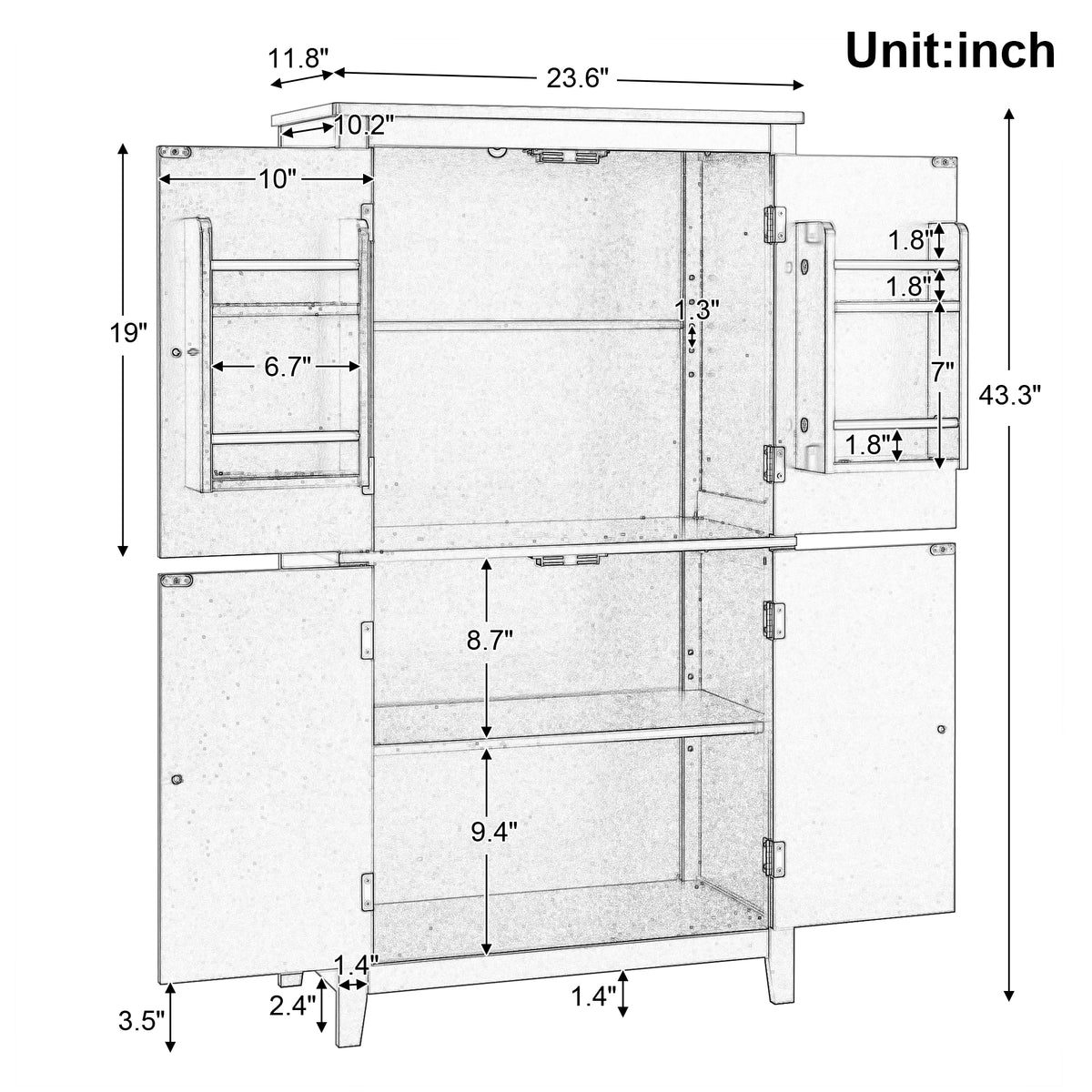 Bathroom floor storage cabinet, bathroom storage unit, 4-door independent cabinet, adjustable shelf, adaptive shelf, white