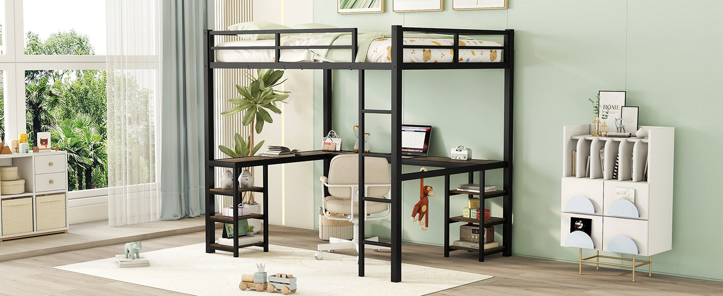 Full Metal Loft Bed with Desk and Shelves, Loft Bed with Ladder and Guardrails, Loft Bed Frame for Bedroom, Black