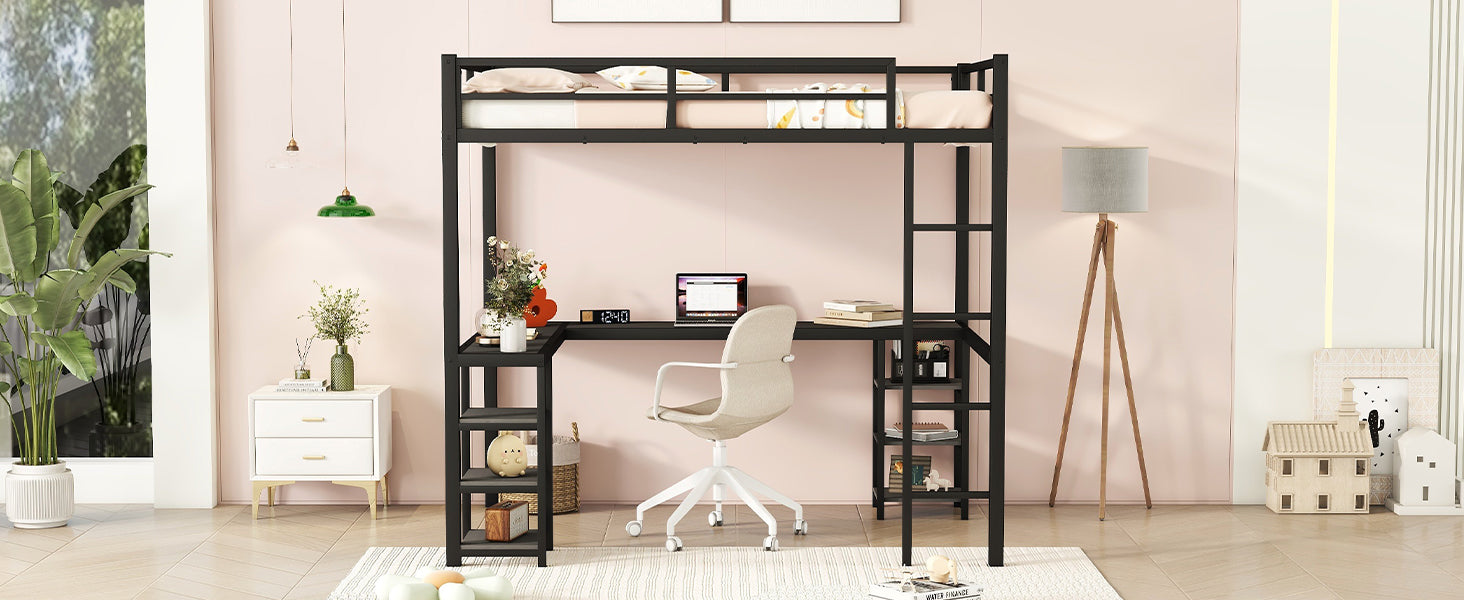 All metal loft bed with desk and shelf, loft bed with ladder and guardrail, black with black desk