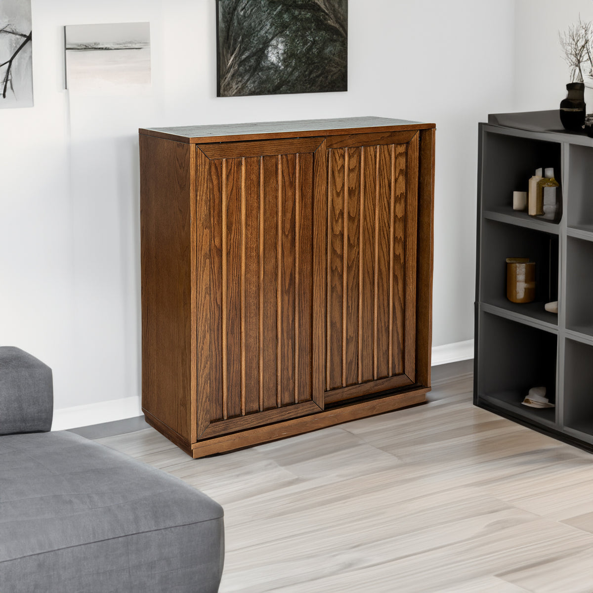 Medieval side panel with 2 sliding doors and solid wood decorative strips, storage cabinet