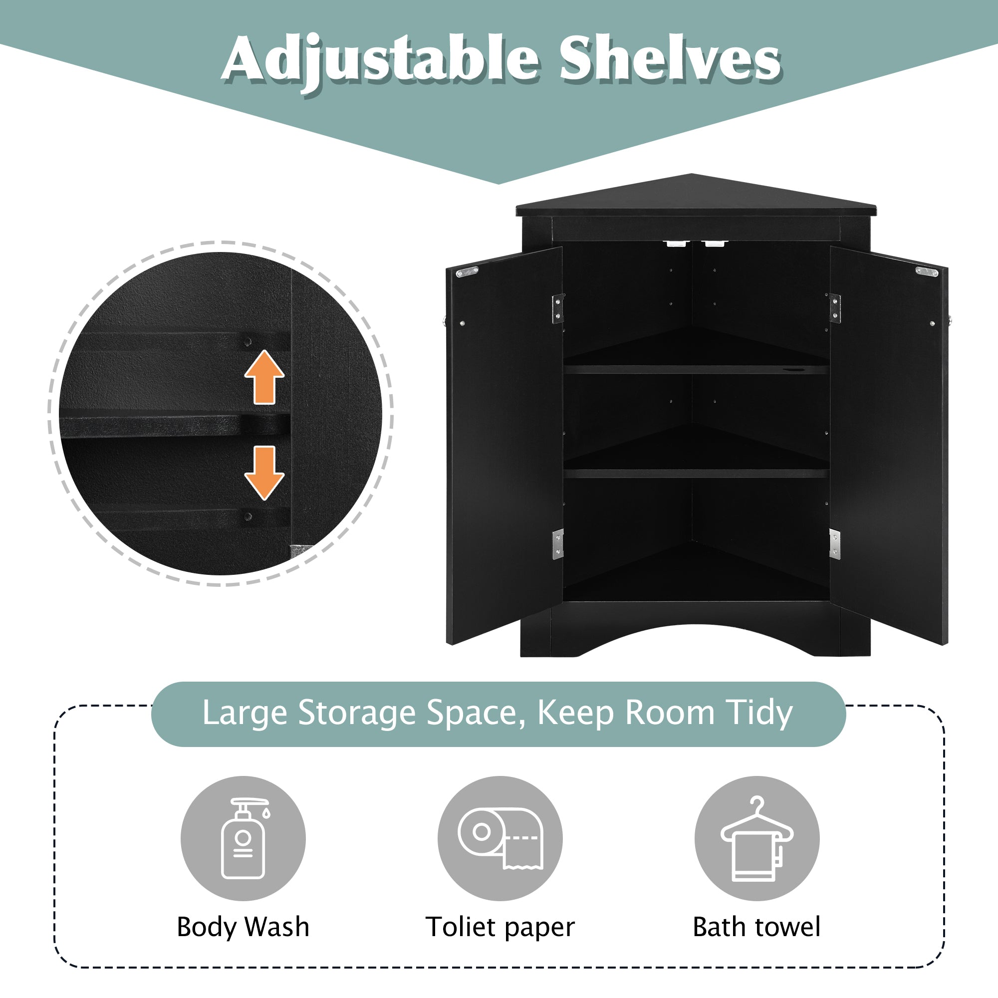 Black Triangle Bathroom Storage Cabinet with Adjustable Shelves, Freestanding Floor Cabinet for Home Kitchen