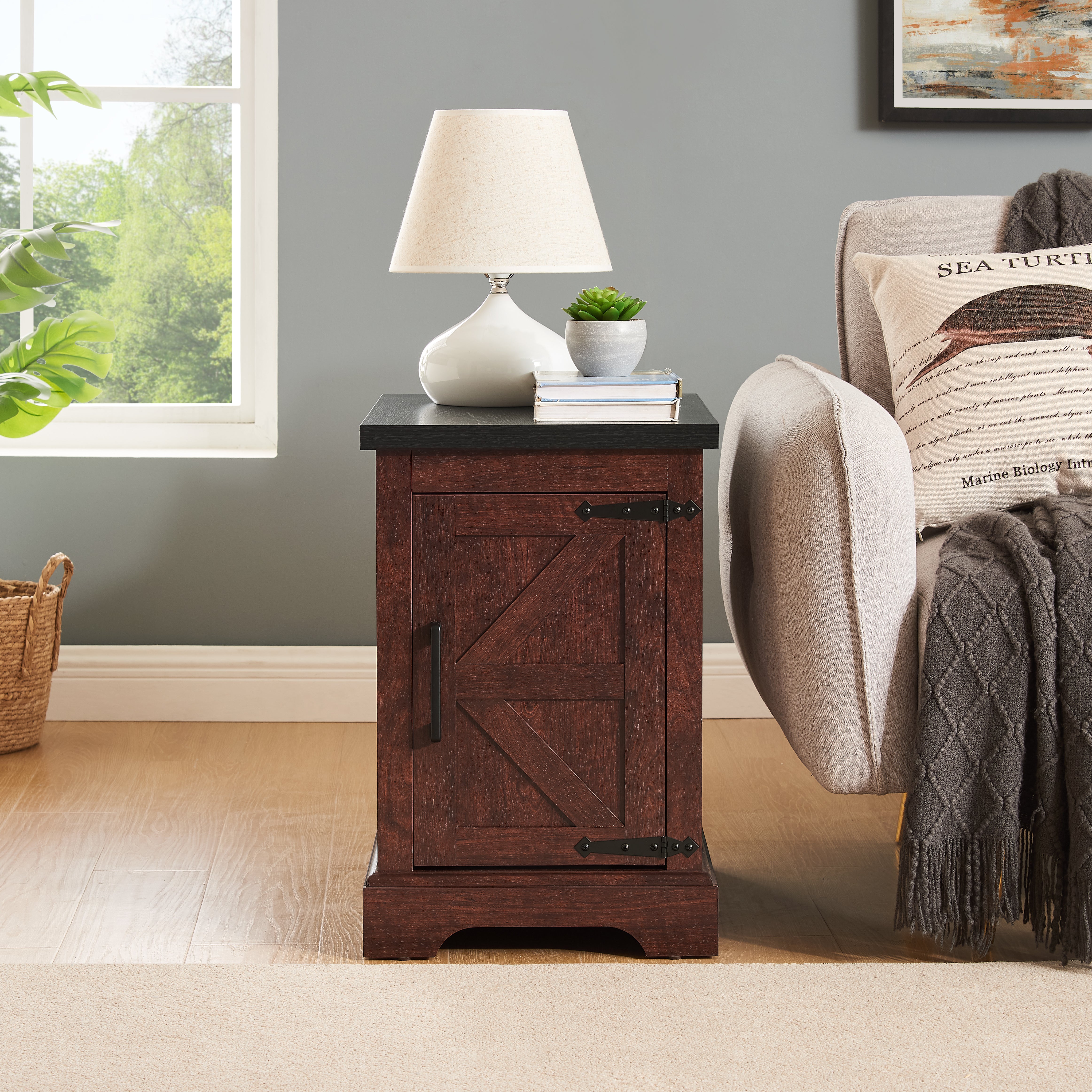 Farmhouse tea table bedside table rectangular farmhouse tea table with barn door and adjustable storage rack OAK