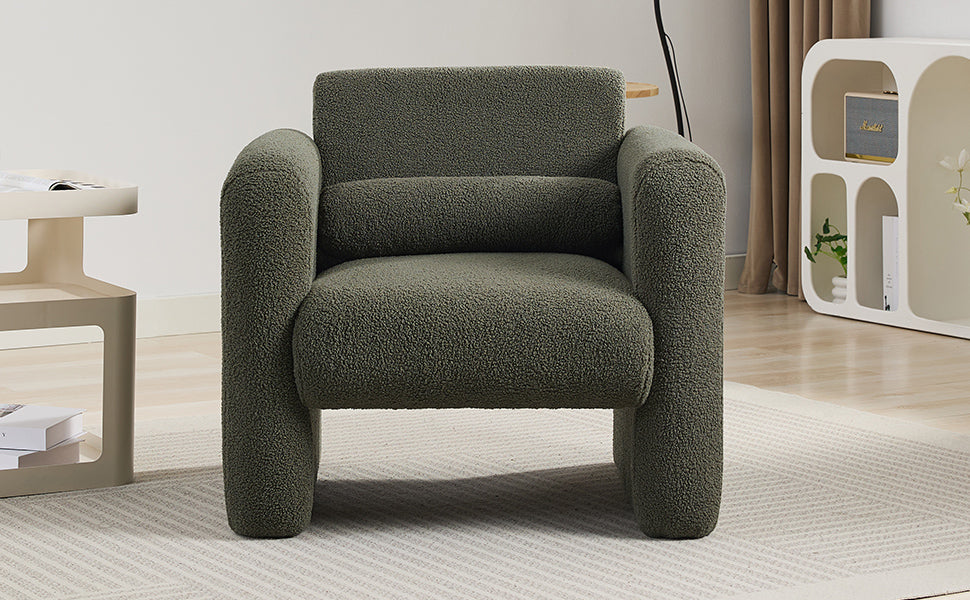 Modern style chair with sheepskin Sherpa fabric soft cushion, comfortable armchair, soft with backrest and pillow, seaweed green