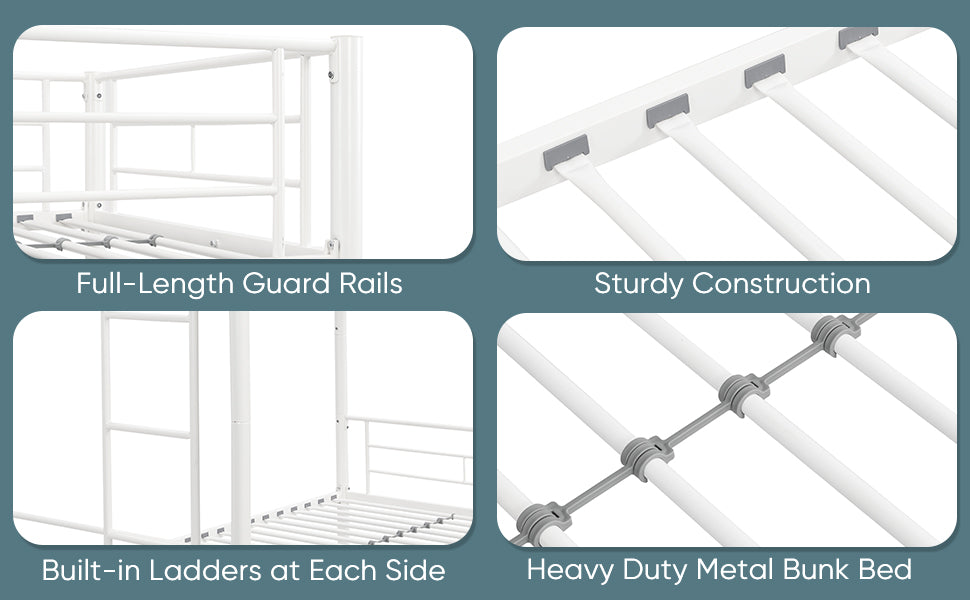 Twin metal bunk beds, metal structure bed frame with safety guardrails and 2 ladders, convertible bunk beds, white