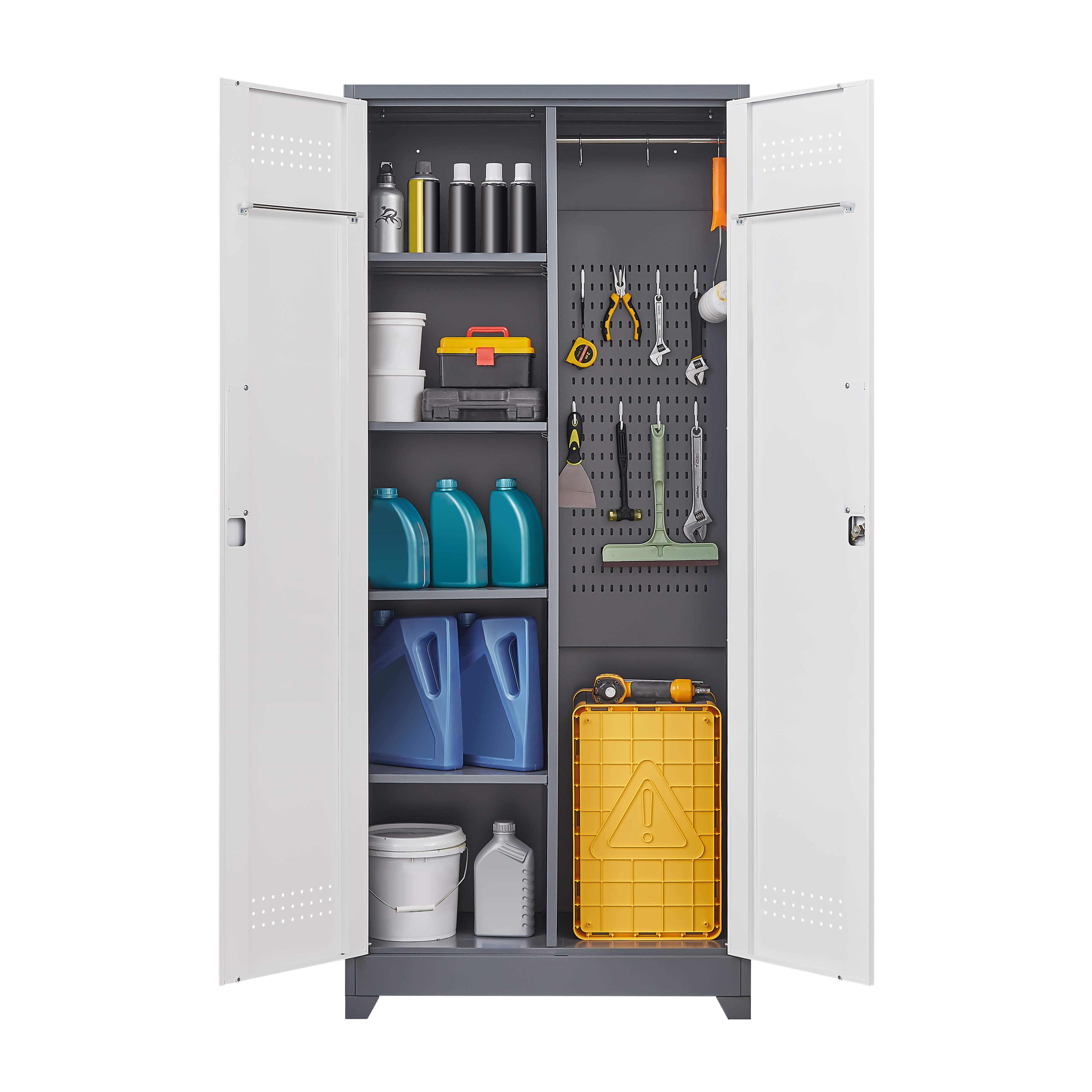 Metal storage cabinets, lockable cleaning tool cabinets, high broom tool organizers, and large storage cabinets in storage store