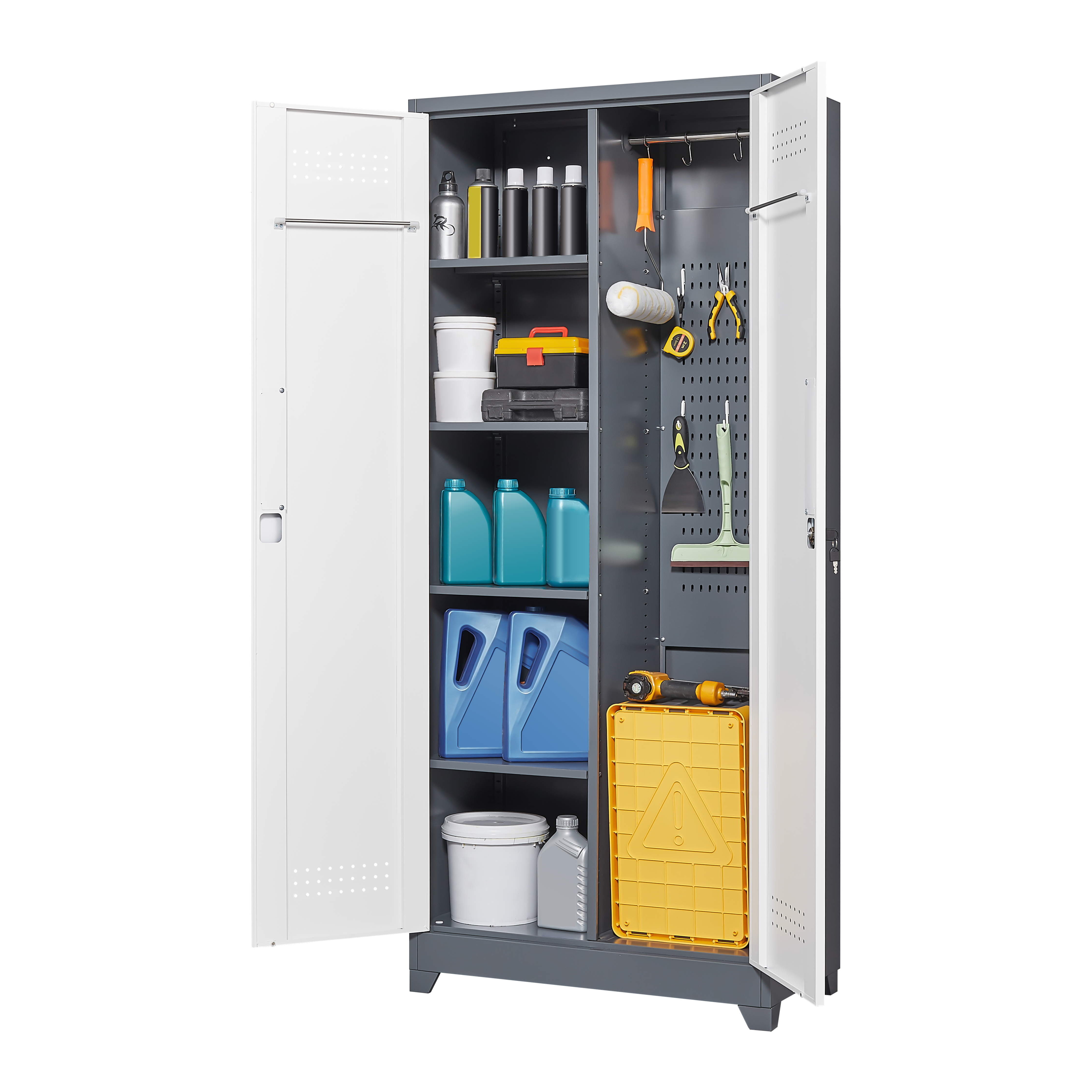 Metal storage cabinets, lockable cleaning tool cabinets, high broom tool organizers, and large storage cabinets in storage store