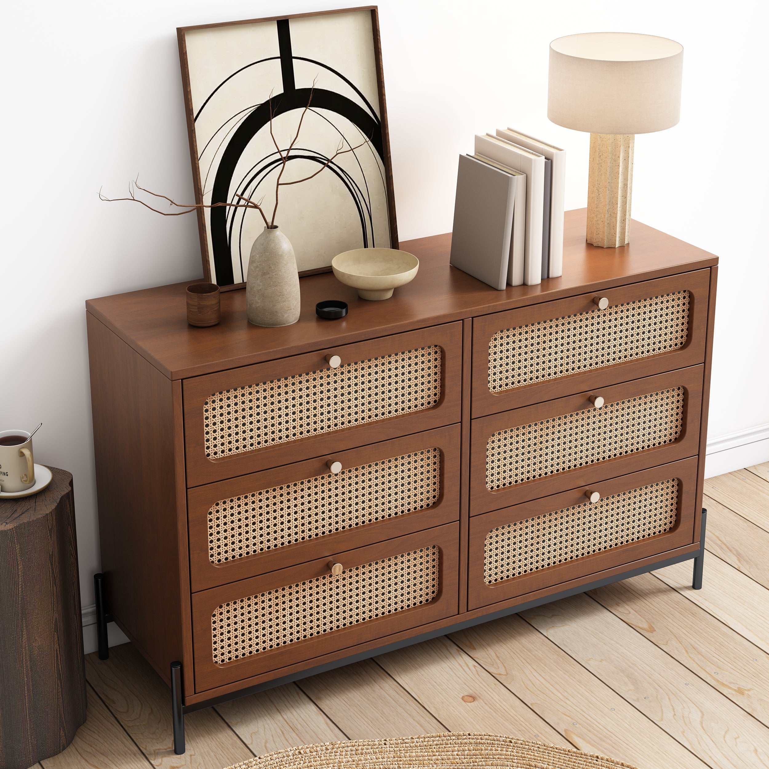 Modern hemp vine wood closet with 6 drawers, dressing table, wooden storage cabinet side panel, walnut wood