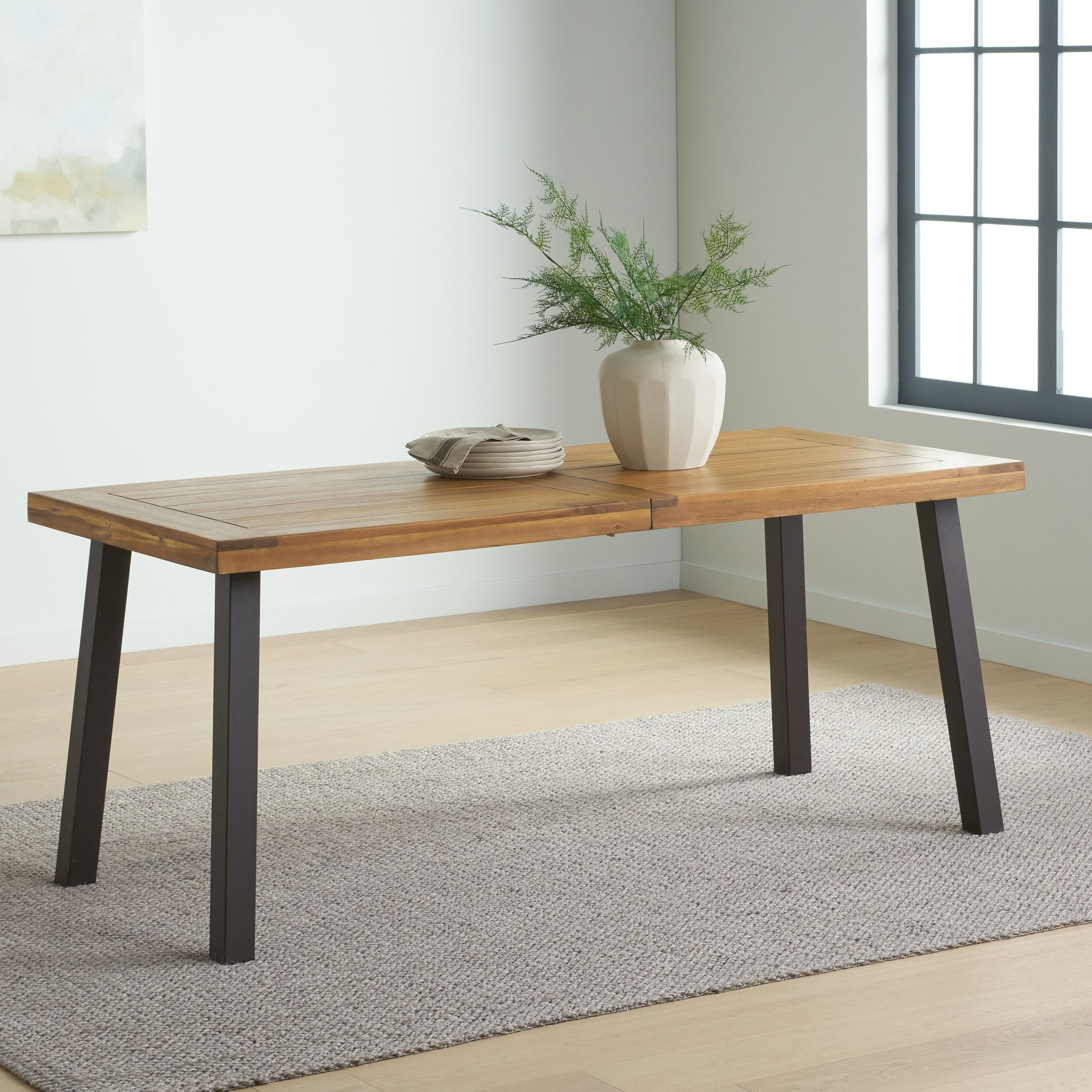 Della Acacia Wood Dining Table, Natural Stained with Rustic Metal, Brown, Grey