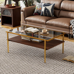 Rectangle Coffee Table with Gray Tempered Glass top and Golden Legs, Modern Table for Living Room