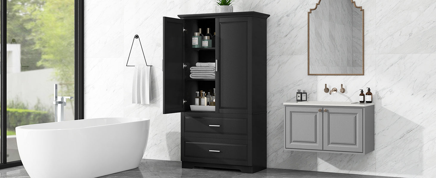 Tall Bathroom Storage Cabinet, Cabinet with Two Doors and Drawers, Adjustable Shelf, MDF Board, Black