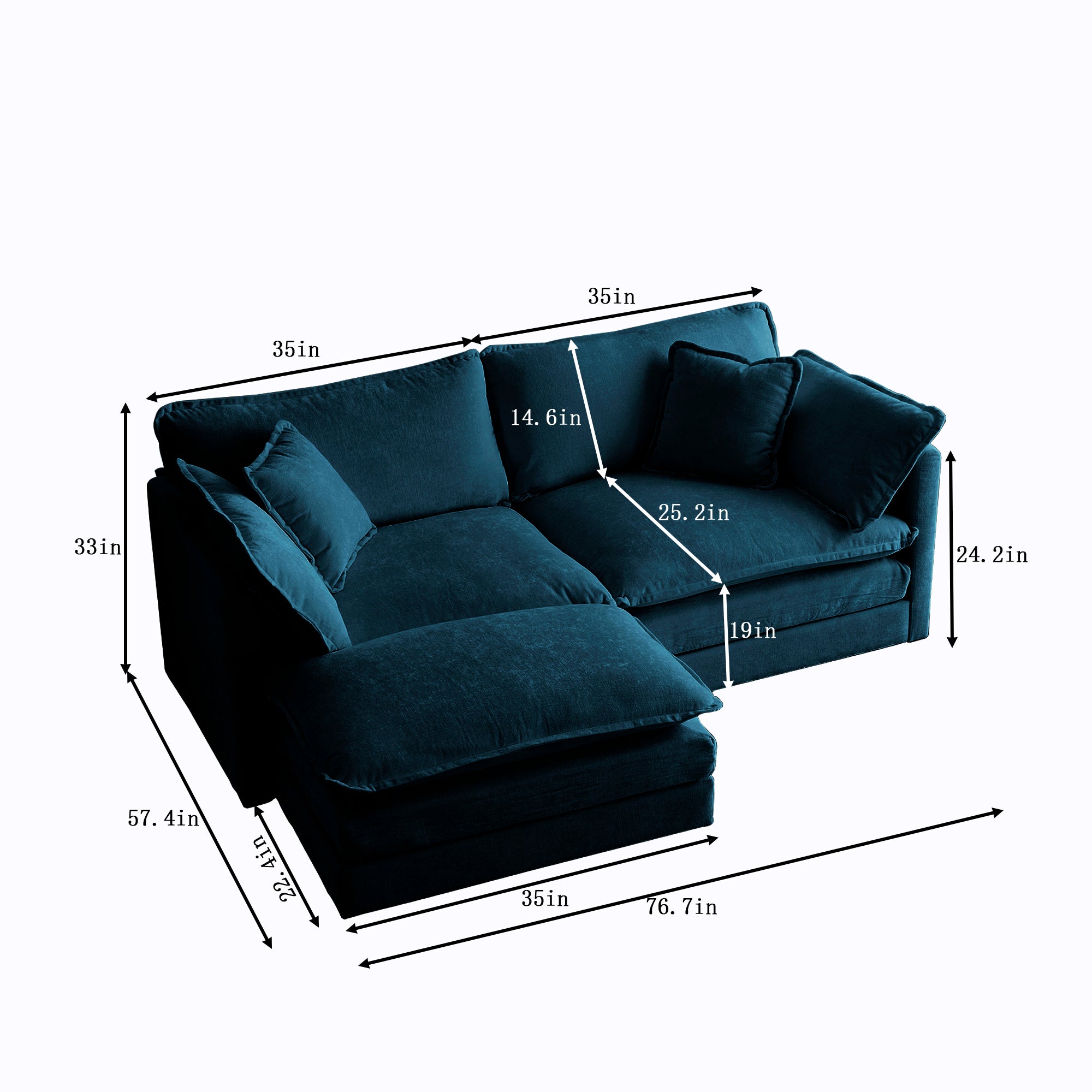 Chenille double sofa with 1 foot pedal, 2 seats L-shaped section, Ottoman style blue Chenille