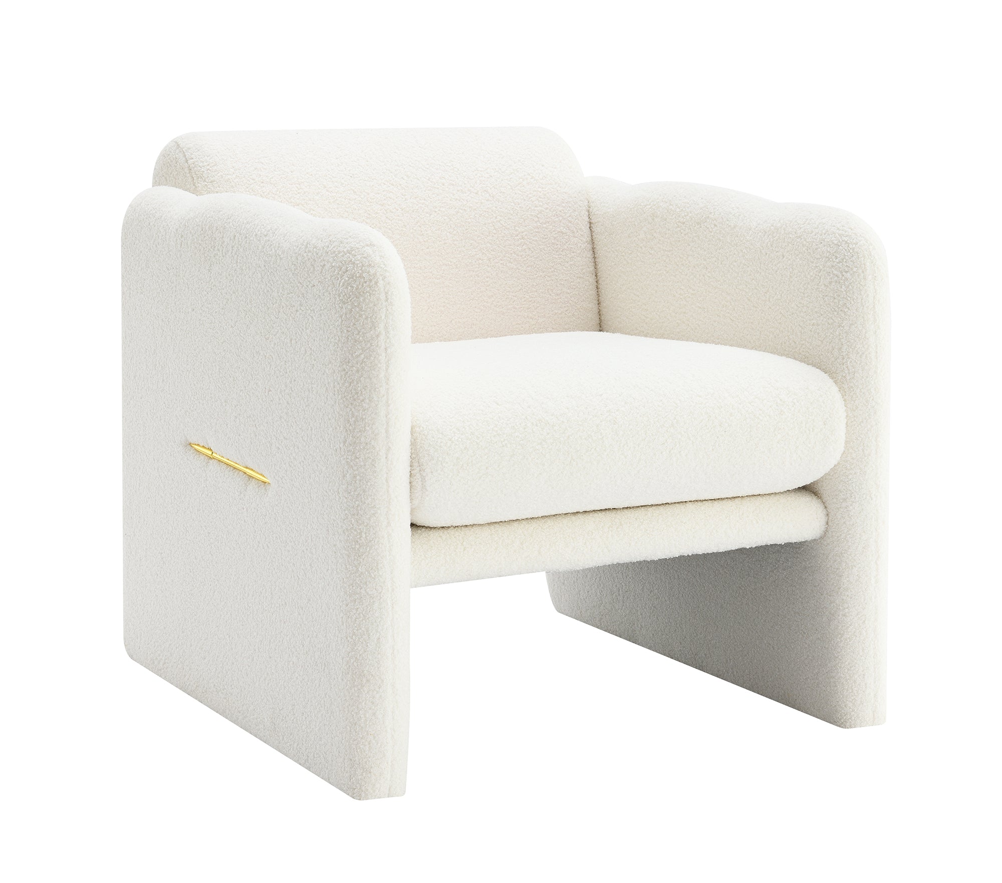 Armchair with wavy armrests, metal decorations on both sides of the armrests, made of Teddy cloth, white