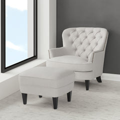 Modern light grey fabric club chair and Ottoman set, stylish cushioned armchair, paired with Ottoman style