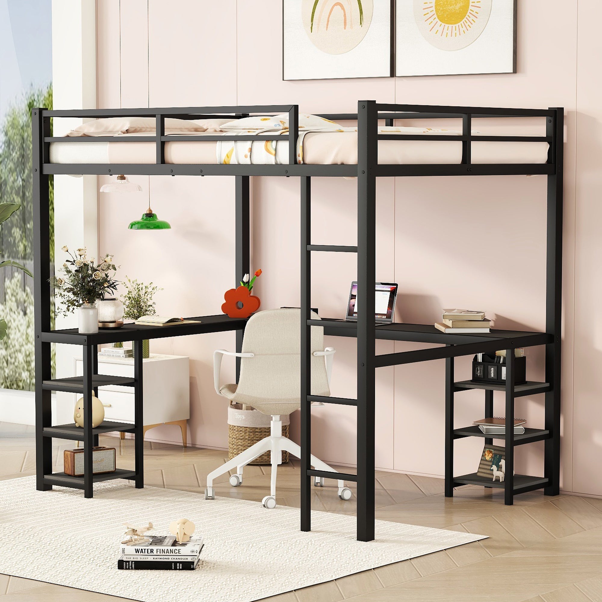 All metal loft bed with desk and shelf, loft bed with ladder and guardrail, black with black desk