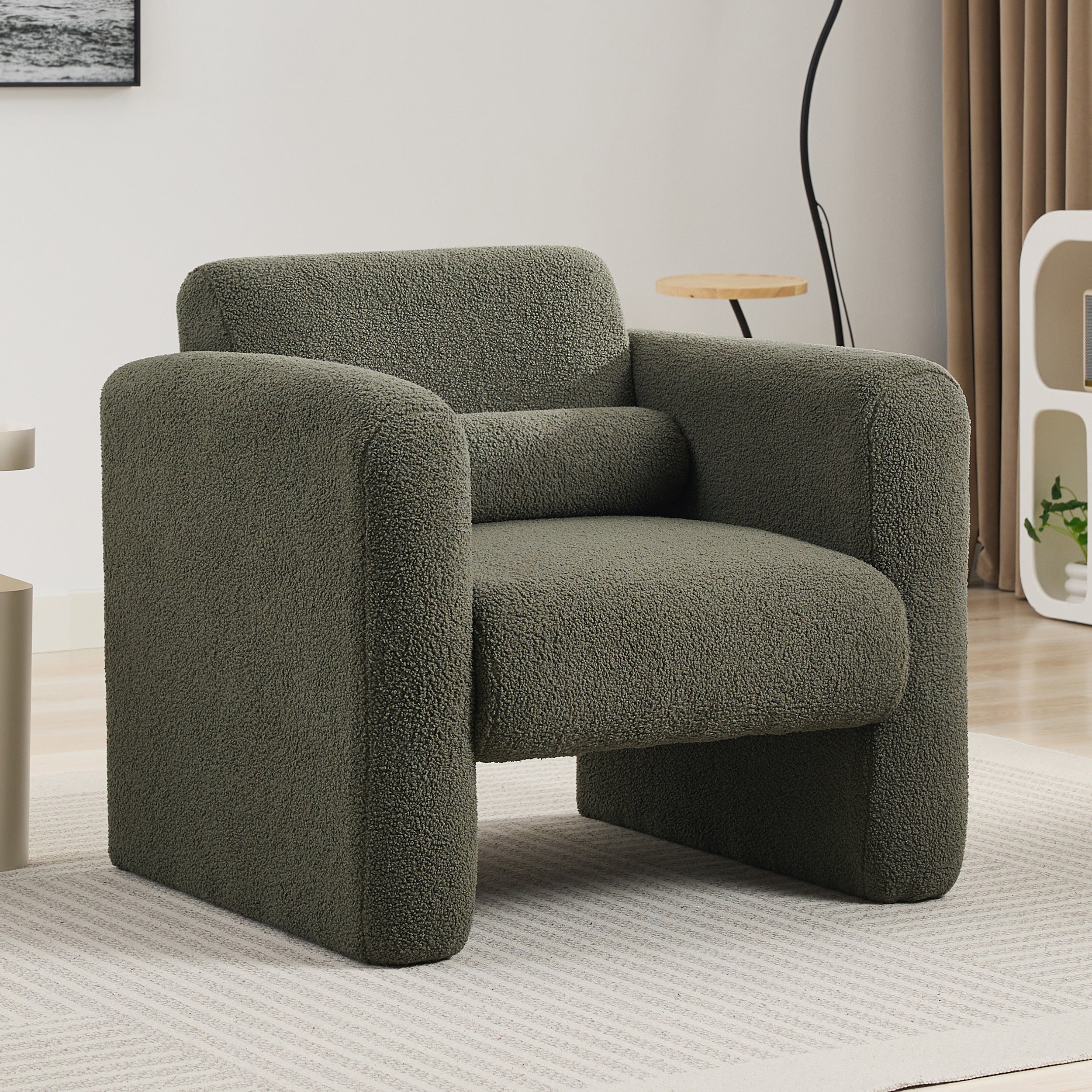 Modern style chair with sheepskin Sherpa fabric soft cushion, comfortable armchair, soft with backrest and pillow, seaweed green