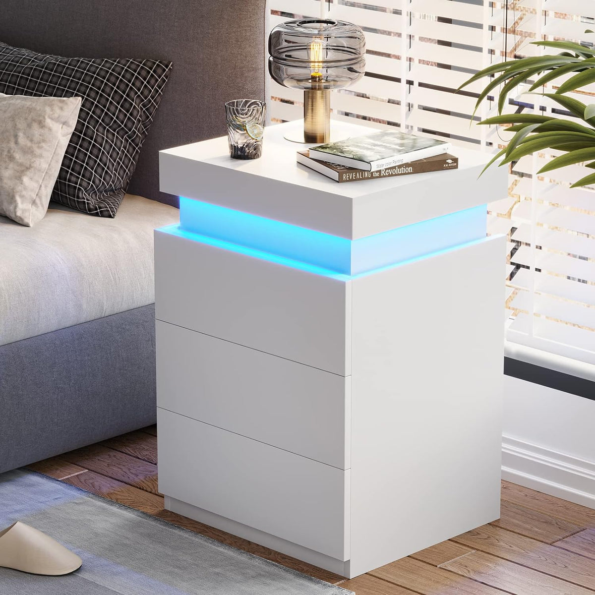 LED White Nightstand With 3 Drawers, Modern Multi-Colour LED Night Table Bedside Tables for Bedroom, Living Room