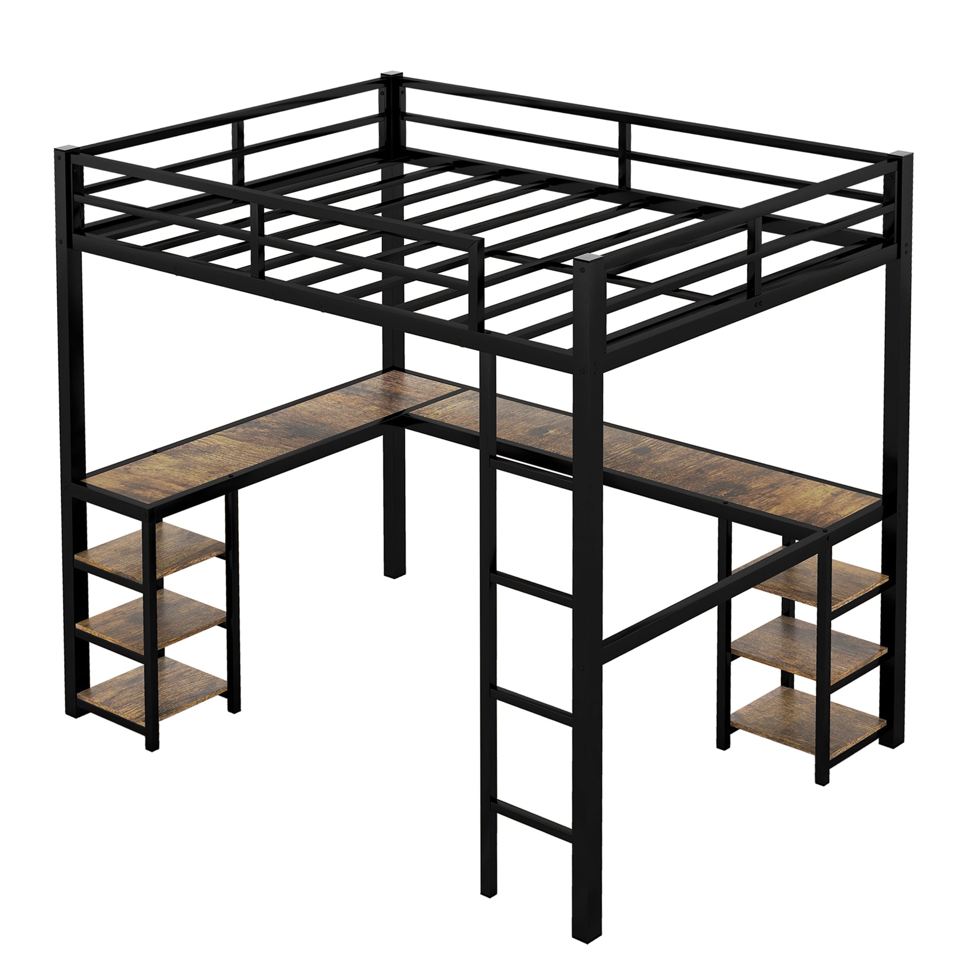 Full Metal Loft Bed with Desk and Shelves, Loft Bed with Ladder and Guardrails, Loft Bed Frame for Bedroom, Black