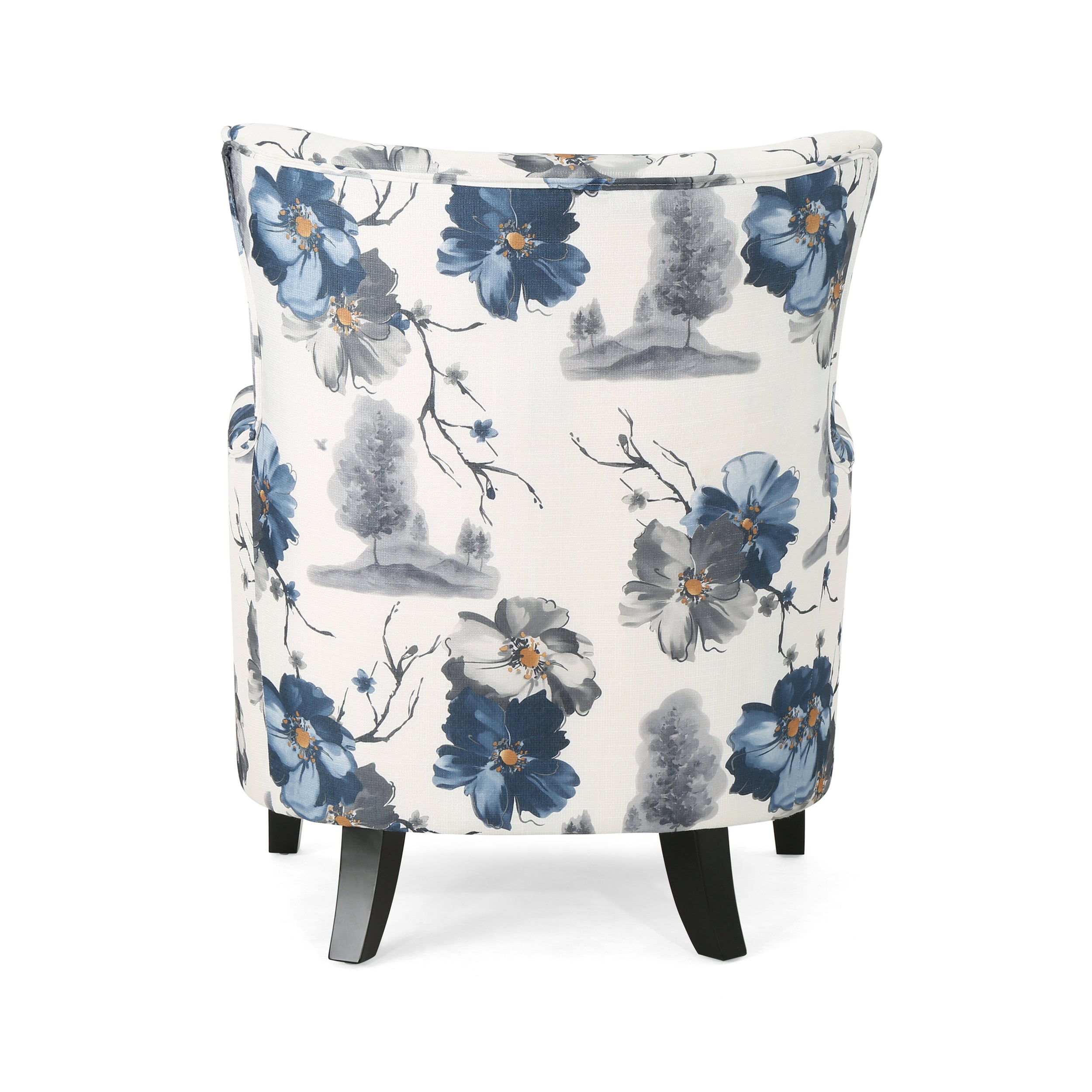 Modern retro printed fabric cushioned club chair, white and blue patterned armchair