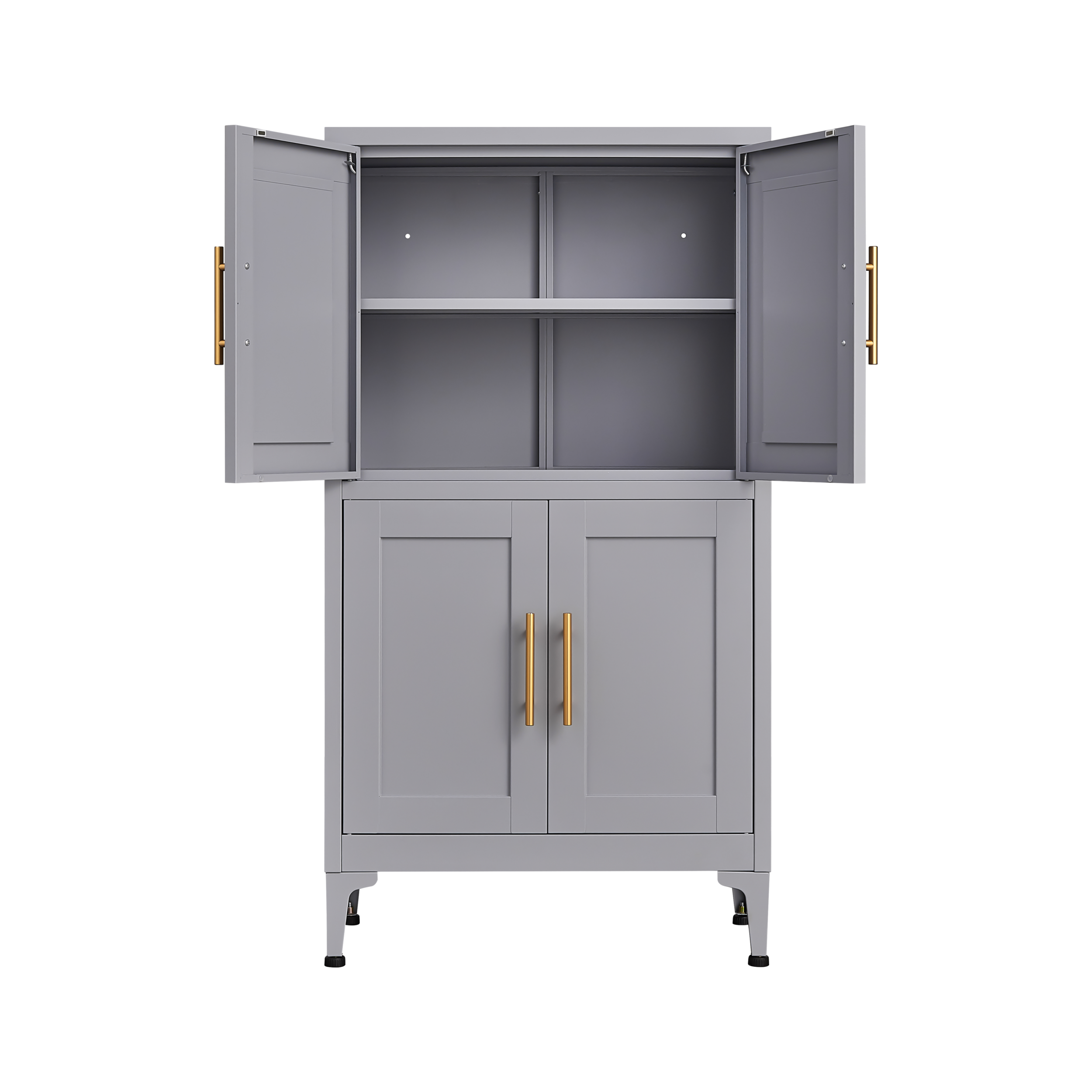 Grey metal kitchen storage cabinet, kitchen pantry storage cabinet with door and shelf, adjustable leveling feet