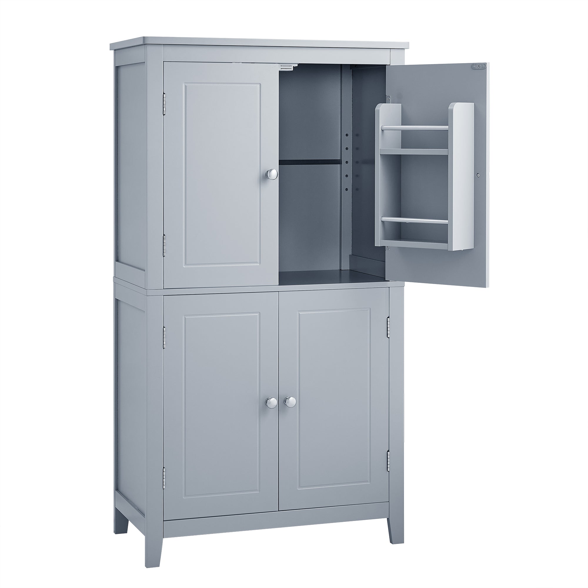 Bathroom floor storage cabinet, bathroom storage cabinet, 4-door independent cabinet, adjustable shelf, adaptive shelf, gray