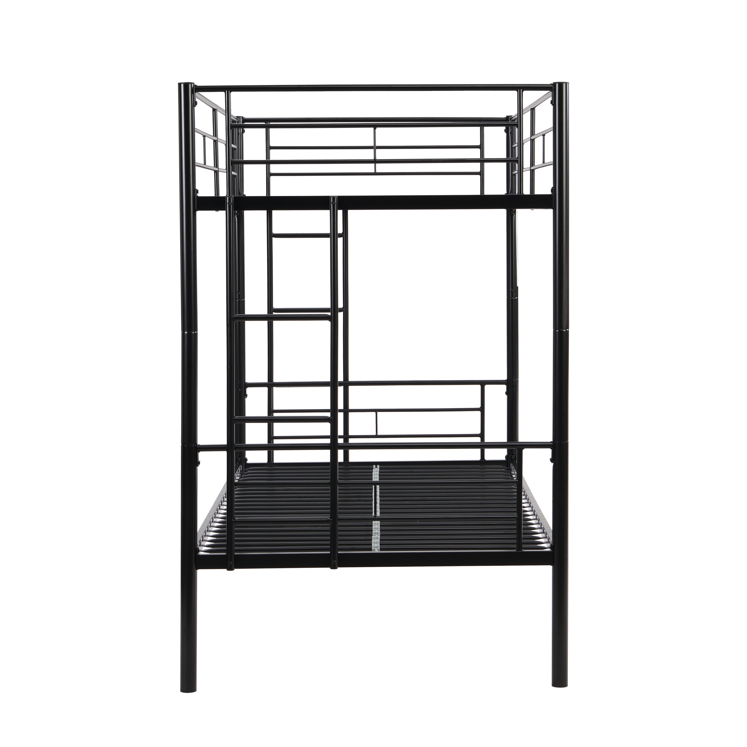 Double decker bed, size above twin bed, with 2 ladders and full-length guardrail, metal, storage space, black