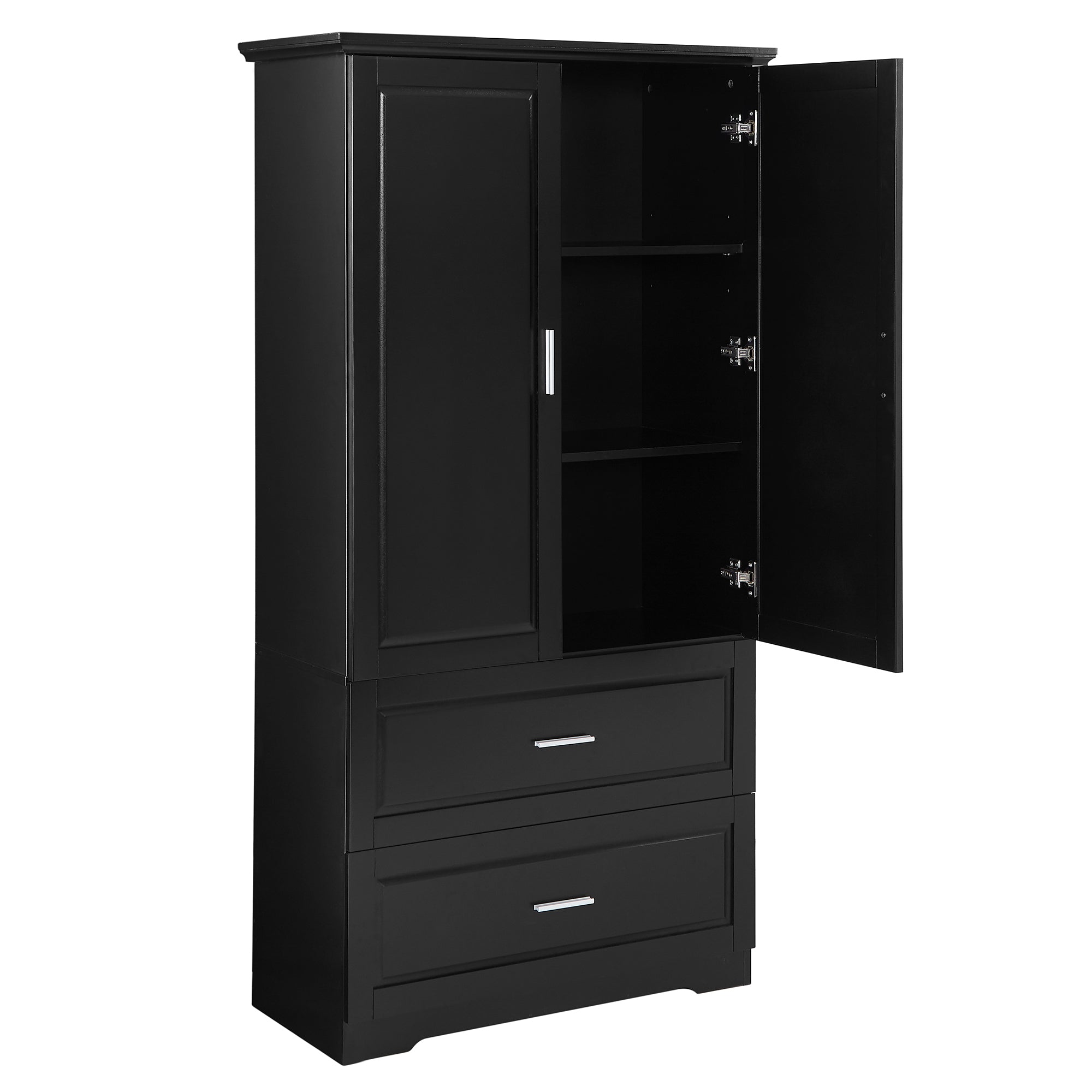 Tall Bathroom Storage Cabinet, Cabinet with Two Doors and Drawers, Adjustable Shelf, MDF Board, Black