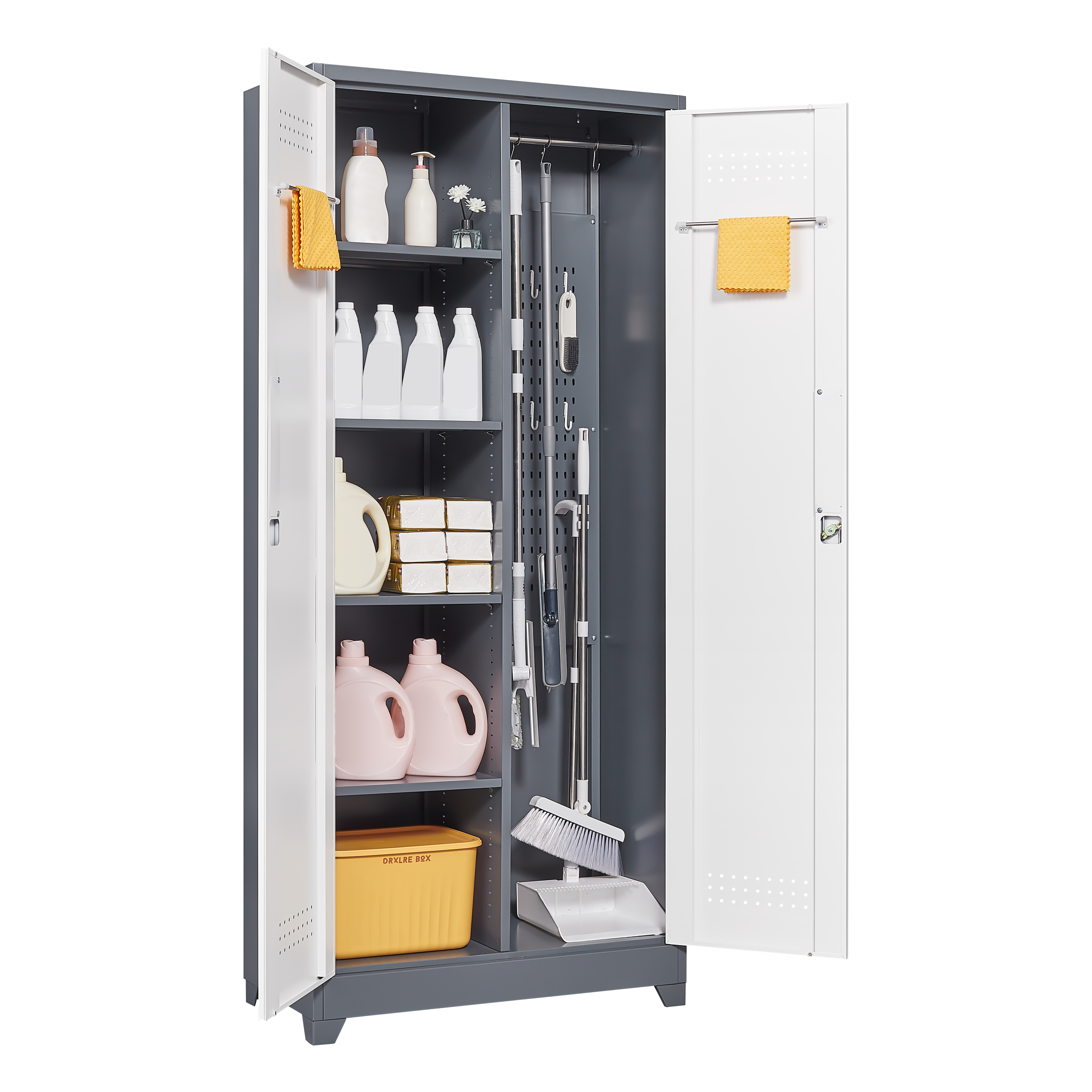 Metal storage cabinets, lockable cleaning tool cabinets, high broom tool organizers, and large storage cabinets in storage store