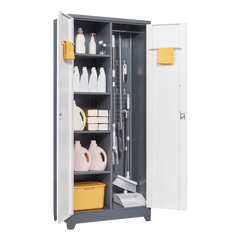 Metal storage cabinets, lockable cleaning tool cabinets, high broom tool organizers, and large storage cabinets in storage store