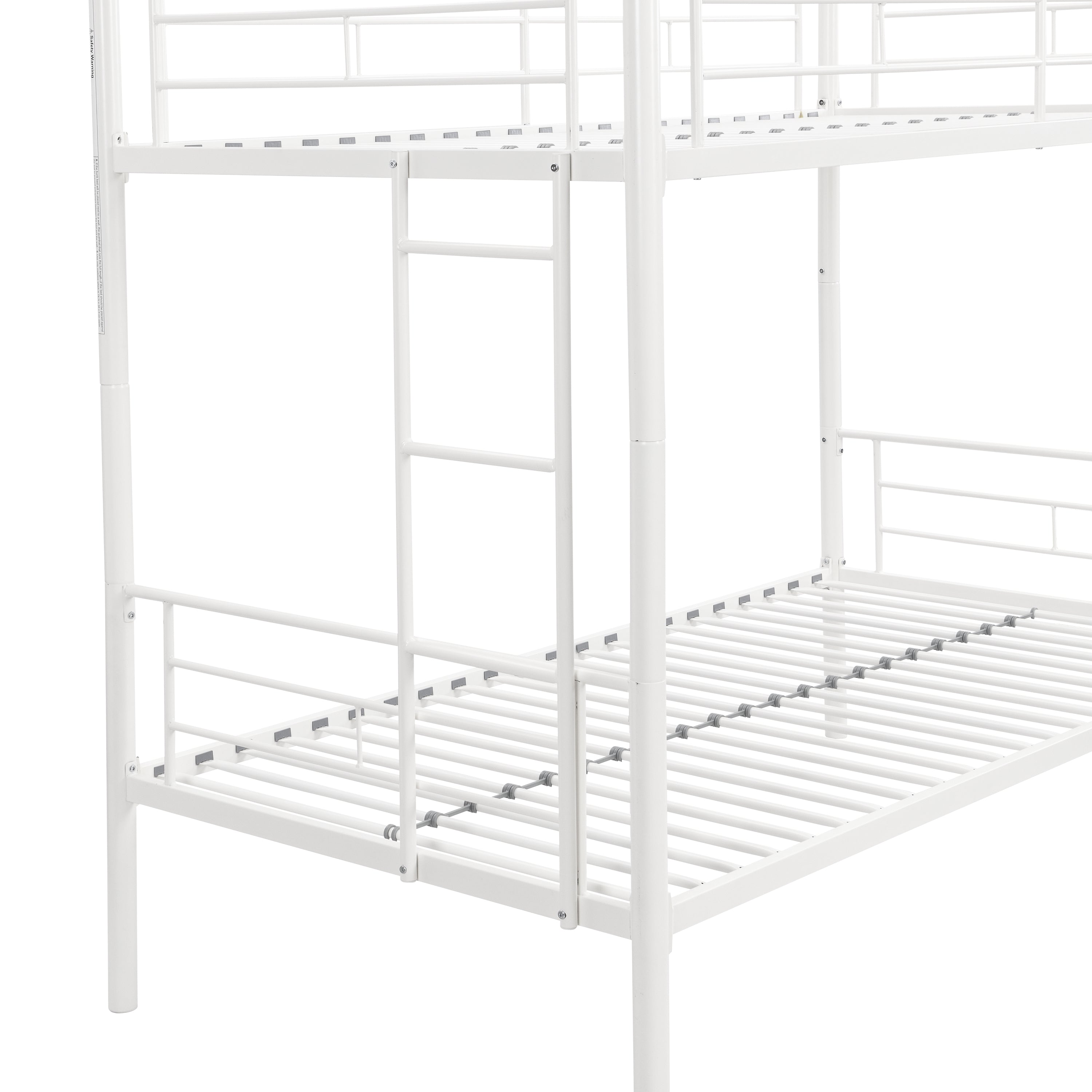 Twin metal bunk beds, metal structure bed frame with safety guardrails and 2 ladders, convertible bunk beds, white