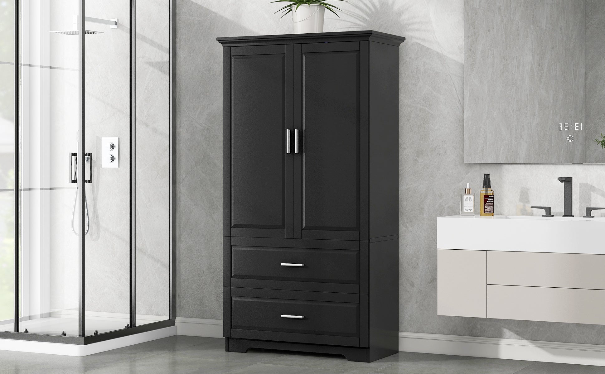 Tall Bathroom Storage Cabinet, Cabinet with Two Doors and Drawers, Adjustable Shelf, MDF Board, Black