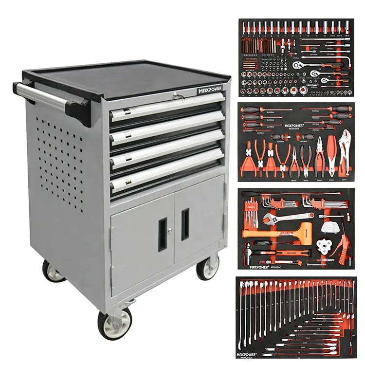 Rolling 4 Drawer Orange Tool Cabinet with 4 Foam Tray Tool Sets and 242 Pcs Tools